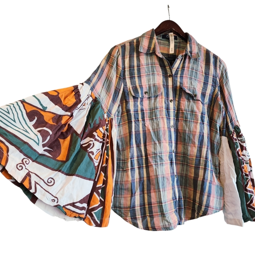 THE MORGAN FACTORY UPCYCLED PLAID LONG SLEEVE TOP BUTTUN DOWN SIZE MEDIUM